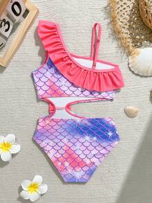 SHEIN 女童鱼鳞印花蝴蝶结荷叶边连体泳衣，适合游泳、夏季度假、海滩和海边穿着。 - 玫紅色 - 查看 3