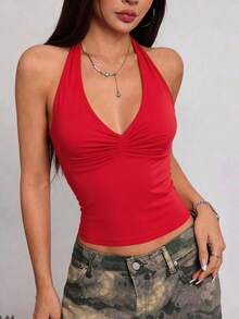 INAWLY Top elegante rojo de verano con lazo delantero para mujer, top sexy y chic de noche con escote en V, espalda descubierta y elástico para fiesta, vacaciones, vida nocturna y streetwear casual - Rojo - Ver 5