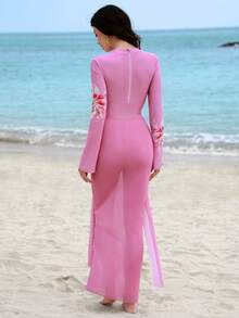 Swim Shayni 三件套时尚泳衣套装；浪漫假期；百合花印花，仿佛即将前往浪漫的海岛度假 - 粉色 - 查看 2