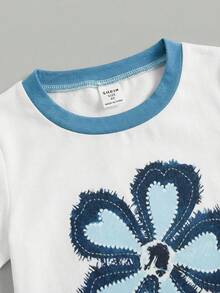 女童时尚针织白色圆领蝴蝶结印花短袖针织T恤和仿牛仔印花喇叭裤套装 - 白色 - 查看 3