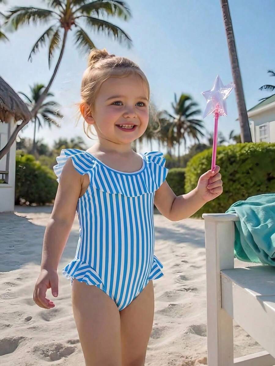 SHEIN 女婴蓝白条纹蝴蝶结装饰荷叶边连体泳衣，适合海滩度假，春夏秋季皆宜