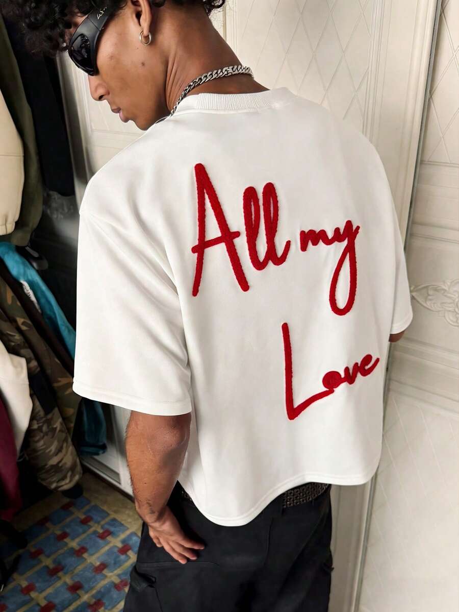 PAVTROS 男士休闲字母植绒印花圆领短袖T恤，夏季 - 白色 - 查看 1