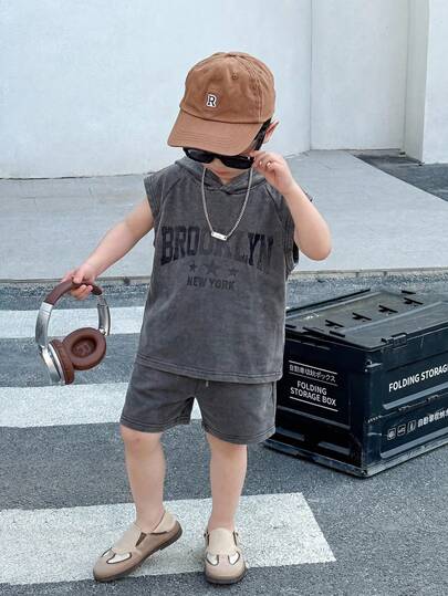 儿童针织连帽衫字母印花宽松T恤短裤套装（2件），休闲风格，适合通勤、上学、日常穿着、运动、夏季