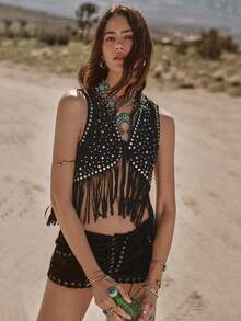 Easelle Bohemian Music Festival Sequin Rivet Tassel Vest For Women - Black - View 1