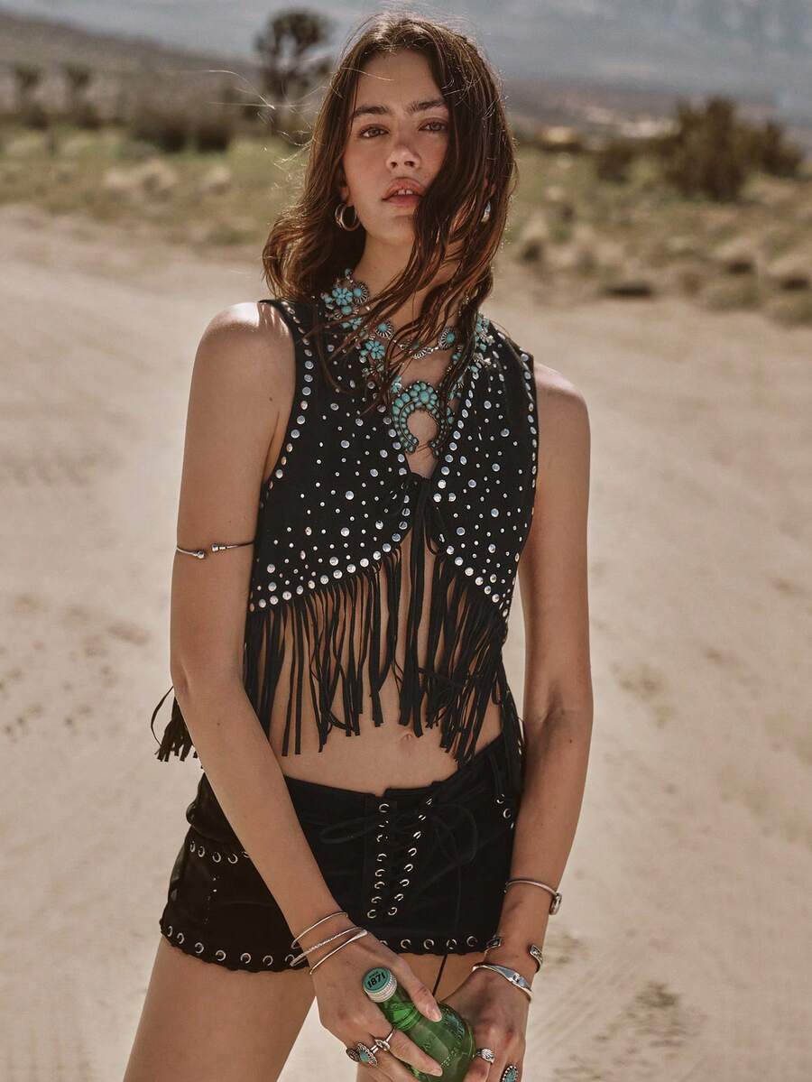 Easelle Bohemian Music Festival Sequin Rivet Tassel Vest For Women - Black - View 1