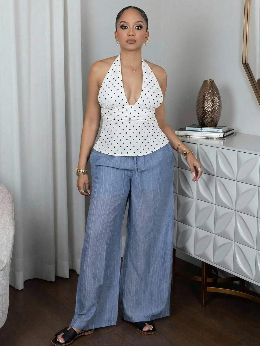 Melissa Matos 女式露背深V领褶饰A字形露背波尔卡圆点吊带背心 - 白色 - 查看 1