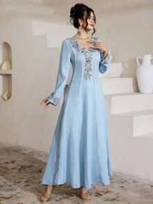 Al Najma Embroidered Lace Patchwork Elegant Modest Long Sleeve Dress - Blue - View 6