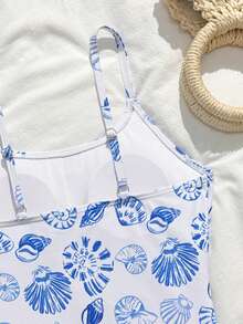 SHEIN 少女蓝色贝壳印花连体泳衣，带网纱裙摆，适合夏季游泳、度假、海滩、泳池等场合 - 藍色 - 查看 5