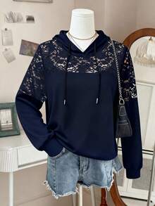 EMERY ROSE Sudadera ligera con capucha y cordón de encaje transparente y sexy para mujer de talla grande - Azul Marino - Ver 6