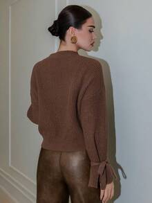 Bris Aura New Autumn/Winter Brown Knitted Ribbed Cuff Tie Loose Pullover Sweater,Knitted Sweater - Chocolate Brown - View 2