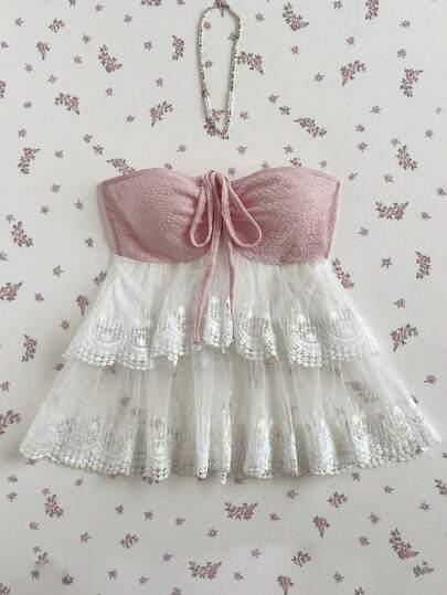 Elamini 女士粉色提花系带撞色拼接荷叶边下摆露脐上衣，甜美优雅，适合春夏度假、海滩、通勤、复古风、日常穿着、约会等场合。