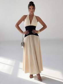 Rafferiza 优雅收腰黑白撞色露背系带V领无袖连衣裙，适合春夏穿着 - 杏色 - 查看 1