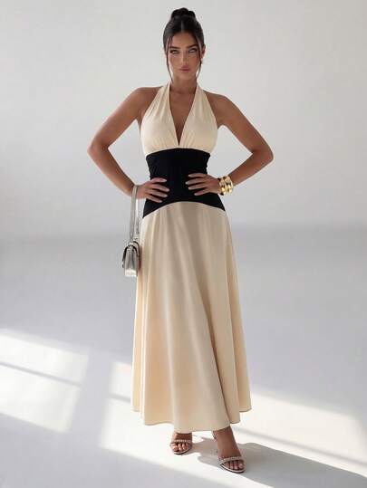 Rafferiza Elegant Waist-Cinching Black & White Contrast Backless Tie Design V-Neck Sleeveless Dress For Women, Spring/Summer