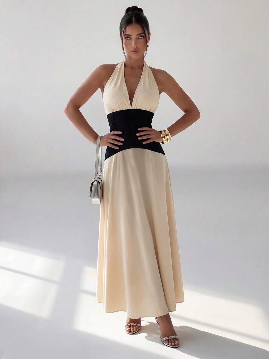 Rafferiza 优雅收腰黑白撞色露背系带V领无袖连衣裙，适合春夏穿着 - 杏色 - 查看 1