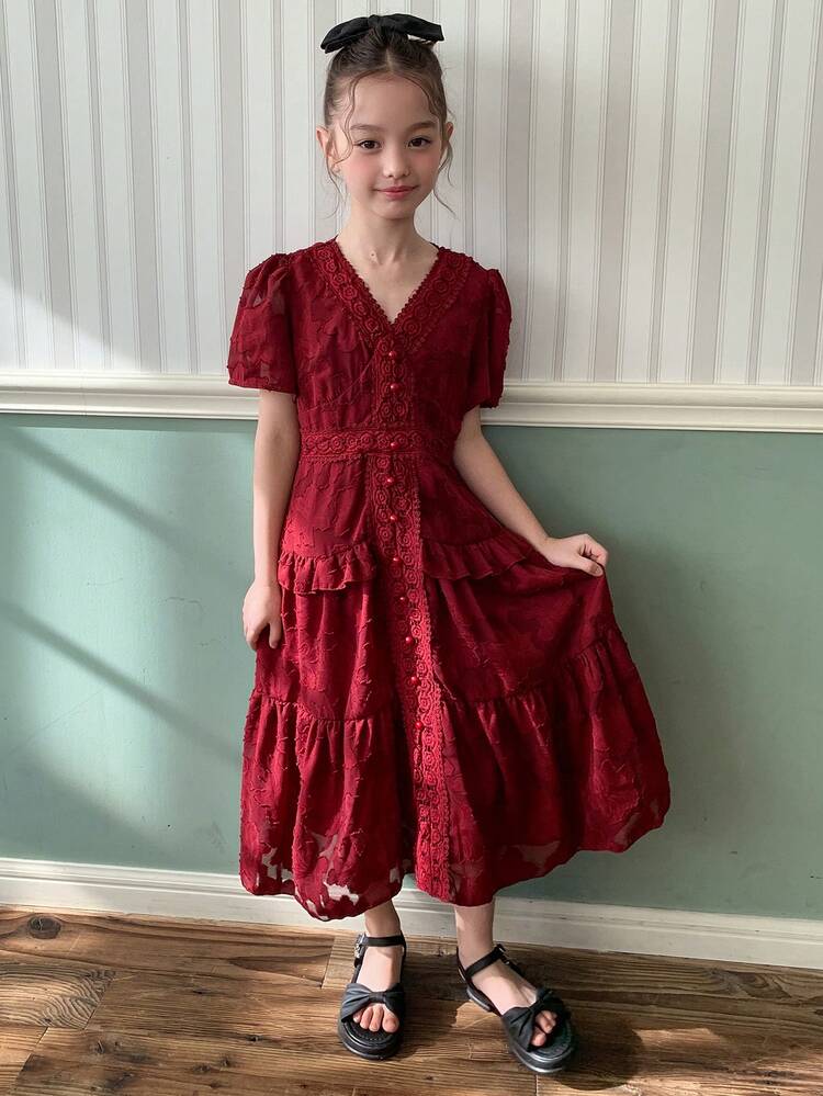Burgundy V-Neck Ruffle Trim Tween Girls Dress Summer Vacation