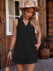 EMERY ROSE Conjunto feminino casual de férias com regata e shorts em cor sólida, 2 peças. - Preto - Ver 3
