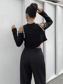 Marta Soriano 女士时尚通勤珍珠装饰露肩T恤 - 黑色 - 查看 2