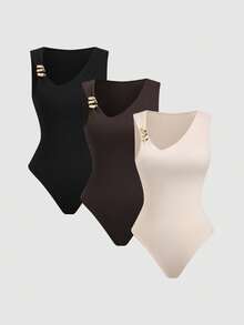 Sweetra 3件套新款夏季女士优雅通勤时尚百搭金属扣不对称领无袖连体衣，杏色、咖啡棕色和黑色，修身款 - 彩色 - 查看 1