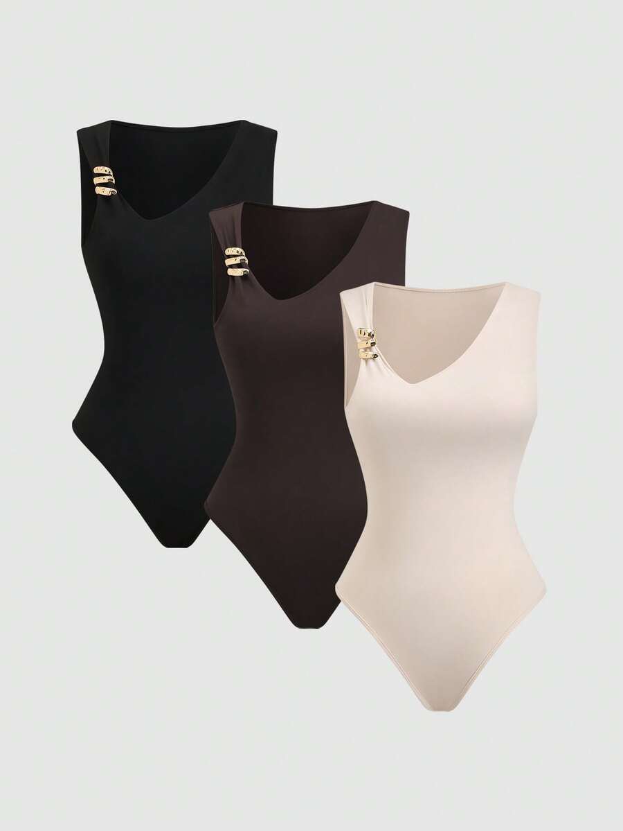 Sweetra 3件套新款夏季女士优雅通勤时尚百搭金属扣不对称领无袖连体衣，杏色、咖啡棕色和黑色，修身款 - 彩色 - 查看 1