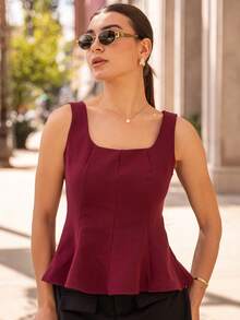 Andrea Bello 女士优雅方领无袖衬衫，前开衩，适合办公室、通勤、下午茶、派对、度假、休闲装，春夏季 - 紫紅色 - 查看 4