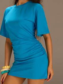 Athîral Women's Casual Blue Ruched Waist Mini Dress, Summer - Blue - View 1