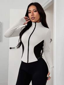 SHEIN EZwear 女士撞色紧身休闲运动薄款夹克压缩衣 女士夹克 女士长袖上衣 白色夹克 女士宽松上衣 女士冬季服装 女士高领保暖夹克 女士冬季运动衫 女士冬季上衣 - 黑與白 - 查看 6