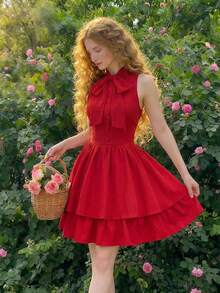 SHEIN MOD Red Summer Cottage Core Picnic Woven Dress,Sleeveless High Neck Large Bow Tie,Button-Front Fitted Gathered Waist,Double-Layered Flared Ruffle Hem - Red - View 1