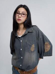 DAZY 女士单排扣做旧休闲百搭日常牛仔衬衫 - 藍色 - 查看 7