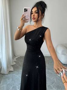 Rafferiza Women's Elegant Glittery Party/Date Oblique Shoulder Sleeveless High Slit Maxi Ruched Dress - Black - View 3