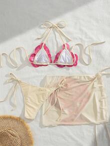 Swim SXY 3pcs/Set Women's 3D Orchid Print Halter Backless Bikini Top, Side Tie Triangle Bottoms & Mesh Mini Skirt Swimsuit Set (Floral Pattern Random) - Multicolor - View 6