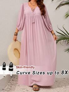 SHEIN CURVE+ Plus Size Solid Long Sleeve Casual Dress, Simple & Fashionable For Everyday Wear,Beach Dress Sundress,Holiday Outfits Boho - Pink - View 9