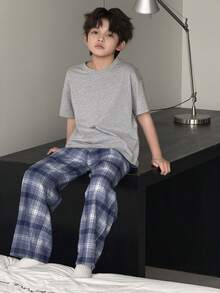 DAZY 男童格子短袖上衣和裤子睡衣套装（夏季款） - 藍色 - 查看 6