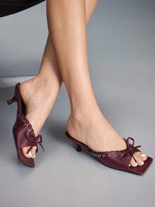 CUCCOO GRLICON Fashion V-Mouth Rivet Strap Bow High Heel Women's Sandals Half Drag - Burgundy - View 6