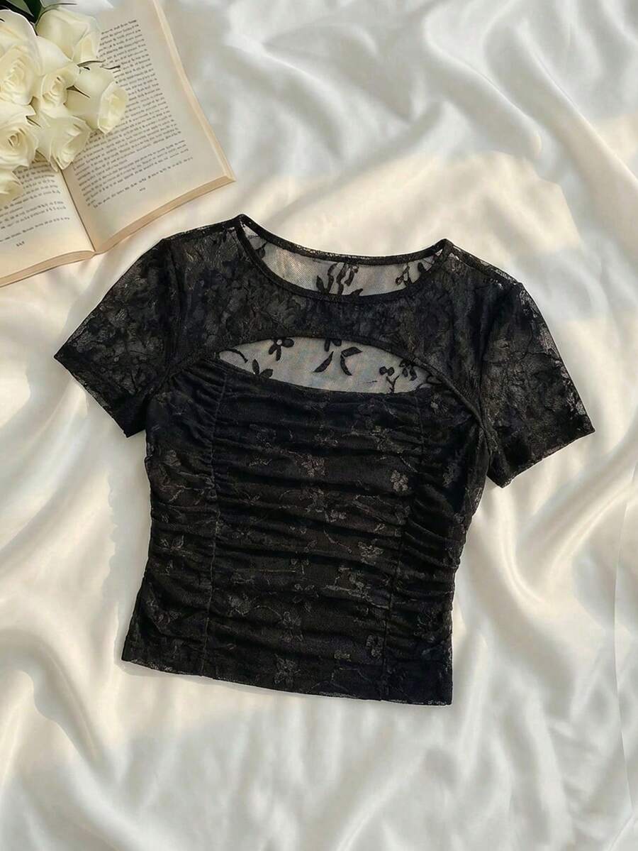 SHEIN MOD 女士圆领荷叶边蕾丝休闲日常短袖T恤 - 黑色 - 查看 1