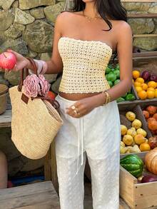 Sunnyshic 女士无肩带条纹撞色毛衣，女士度假套装，带内置胸罩的抹胸上衣，女士夏季套装，女士抹胸上衣，优雅夏季套装，女士抹胸上衣，夏季套装，夏季服装，女士抹胸上衣 - 淡黃色 - 查看 4