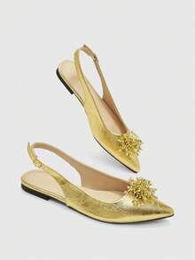 CUCCOO BIZCHIC European And American Soft Patent Leather Temperament Pointed Slingback Flats Women's Thin Heels 2026 Spring And Summer New Closed Toe Sandals - Gold - View 5