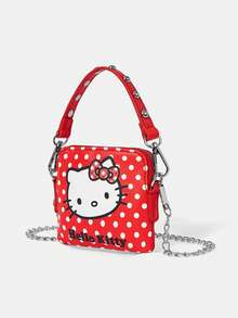 HELLO KITTY AND FRIENDS | SHEIN 1件女士时尚甜美可爱百搭街头复古红白波点图案印花铆钉小手提包/斜挎包，可作小挂包使用（链条长肩带可拆卸） - 紅色3 - 查看 2