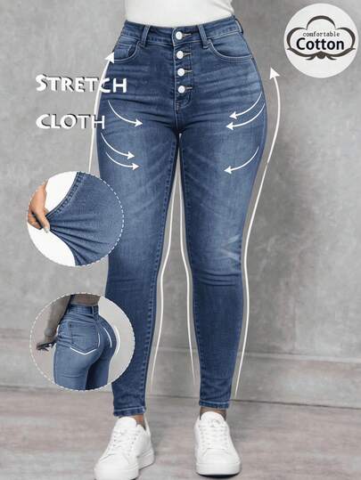 Vaqueros ajustados elásticos azules para mujer, diseño con múltiples botones, pantalones vaqueros lavados versátiles diarios.