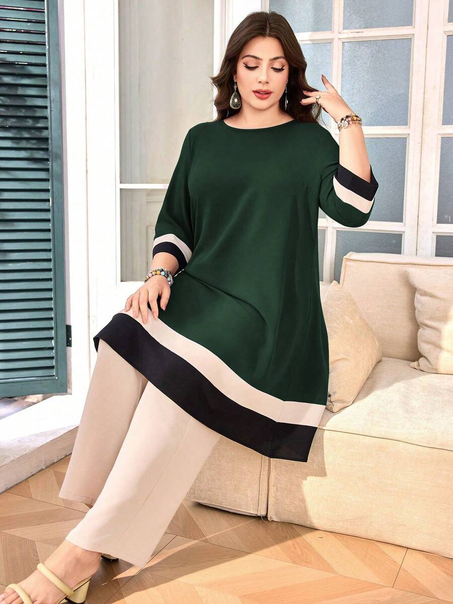 Lacomfia Plus Size Women Striped Round Neck 3/4 Sleeve Top And Pants Casual 2 Pieces Set - Army Green - View 1
