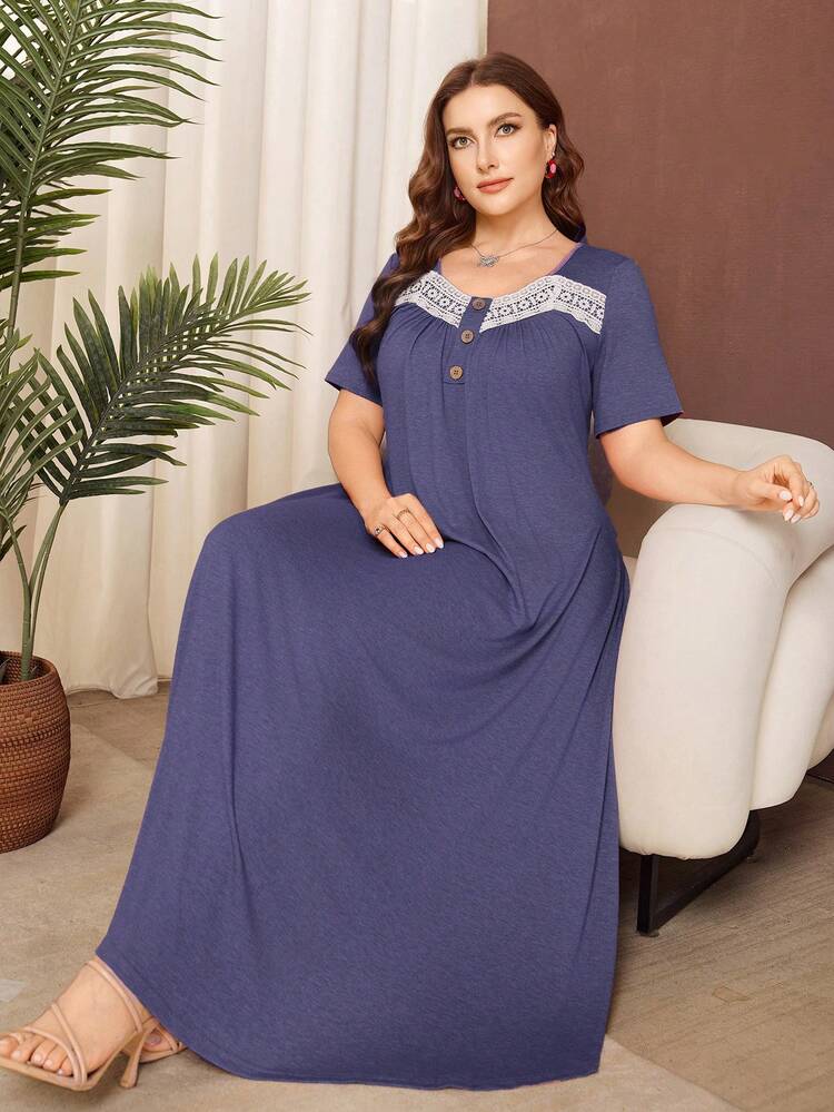 Lacomfia Plus Size Solid Color Short Sleeve Knit Casual Ruffle Hem Dress - Purple - View 3