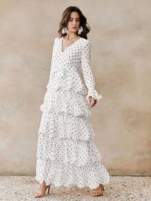 Anewsta 春夏波点蝴蝶结腰部A字飘逸薄纱优雅连衣裙，适合派对、度假等场合 - 象牙白色 - 查看 3