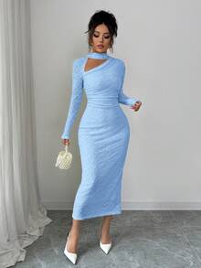 Elenzga Đầm dài dệt kim jacquard màu kem vàng phối cổ cho nữ, thích hợp dự tiệc hoặc các dịp trang trọng, mùa thu. - Màu xanh nhạt - Xem 4