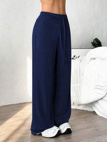Easithlete Casual Solid Color Drawstring Waist Sports Pants - Navy Blue - View 3