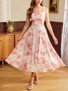 Vintamour Vintage Classic Elegant Women's Dress, Spring/Summer Fitted Floral Print Dress, Suspender Dress, Pink Umbrella Hem Dress,Pink Dress - Pink - View 5