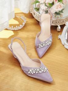 CUCCOO HITCHD Women's Pointed Toe Kitten Heel Rhinestone Satin Pumps, Comfortable Elegant Dress Shoes For Bride, Wedding, Party, Lavender Color - Mauve Purple - View 6