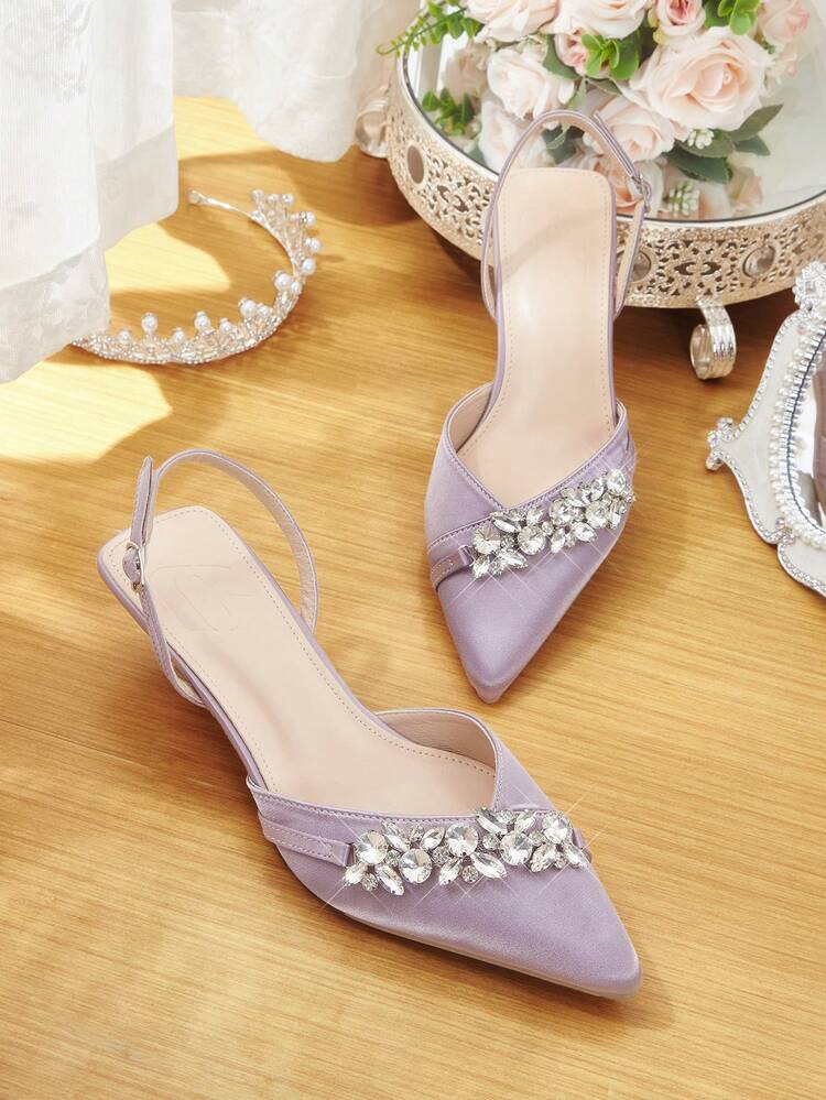 CUCCOO HITCHD Women's Pointed Toe Kitten Heel Rhinestone Satin Pumps, Comfortable Elegant Dress Shoes For Bride, Wedding, Party, Lavender Color