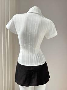 Elamini Women's Cotton Blouse, Deep V-Neck, Fitted - White - View 2