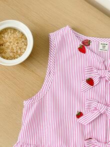 SHEIN 少女休闲简约条纹荷叶边背心套装 - 淺粉色 - 查看 3