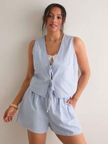 Levarali Plus Size Bohemian Light Blue Stripe Sleeveless 2-Piece Set Summer Smart Casual Tie-Up V-Neck Vest Top Loose Wide Leg Shorts Outfit Beach Vacation - Blue and White - View 3
