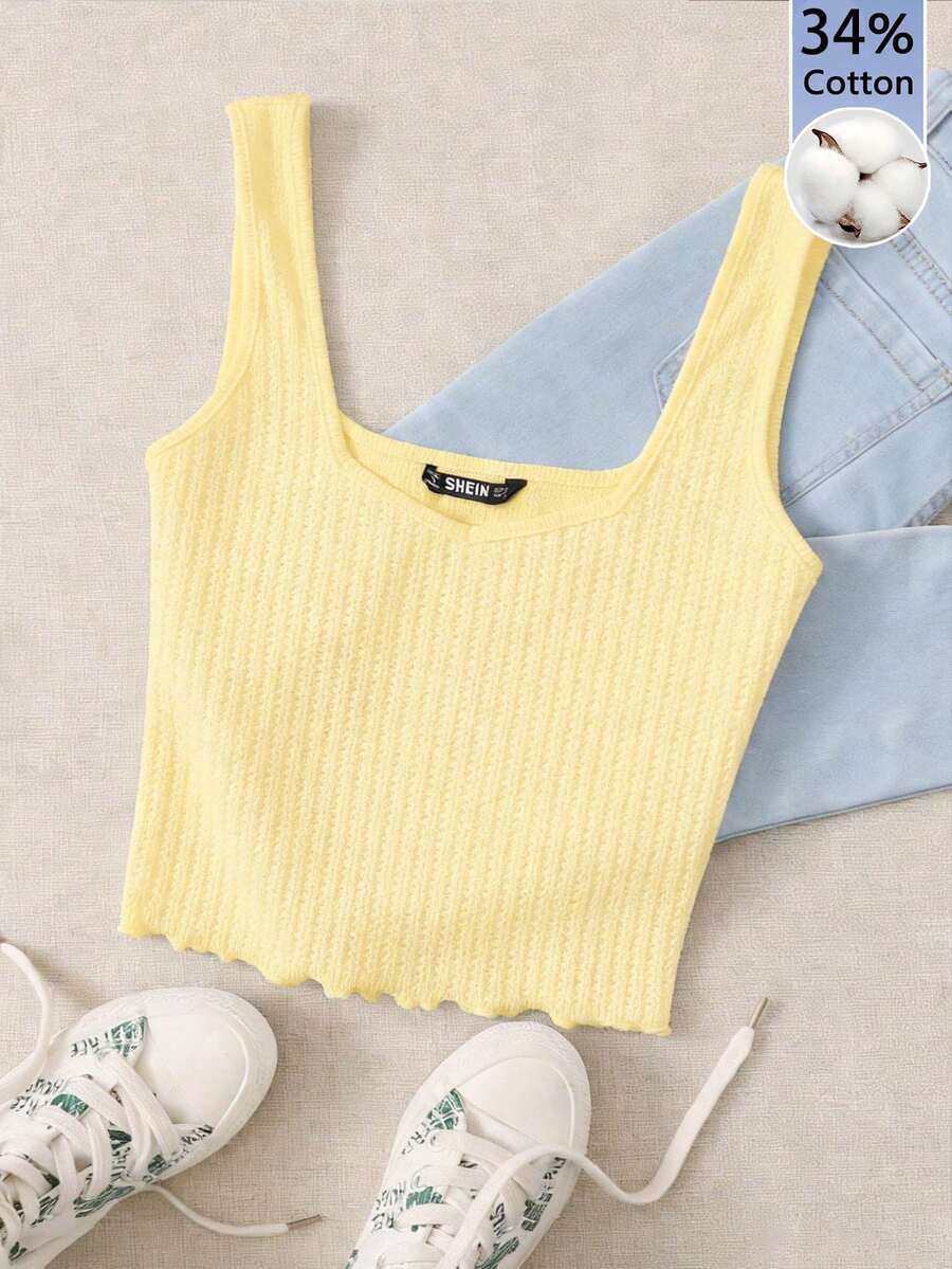 SHEIN Essnce 棉质华夫格针织吊带背心，宽肩带设计，简约风格，适合休闲、海滩、旅行、婚礼、派对、机场、居家穿着，时尚别致。 - 黃色 - 查看 1